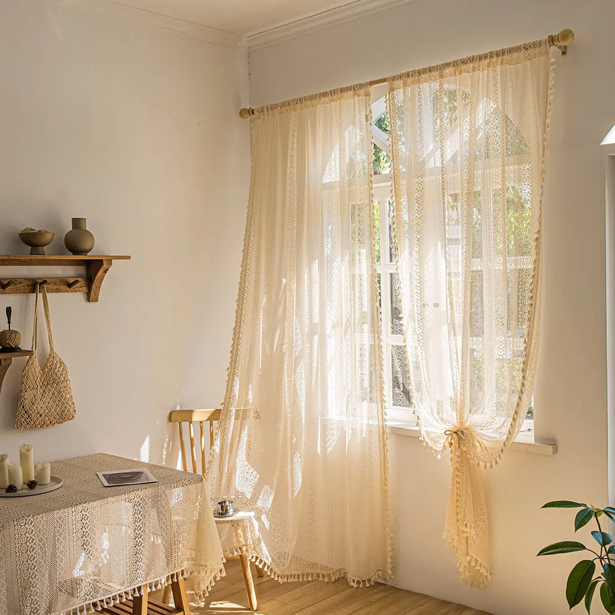 Wood Color Lace Living Room Bedroom Window