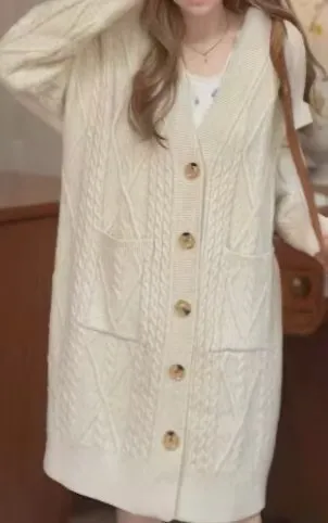 Women's Twist Knitted Cardigan Autumn And Winter Lazy Style Sweater Coat - Apricot