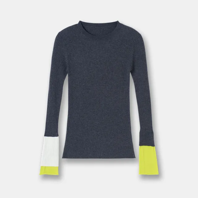 Japanese Version Asymmetric Contrasting Color Cuff Ribbing Bottoming Round Neck Slim Sweater Gray - Shop at LoveMi