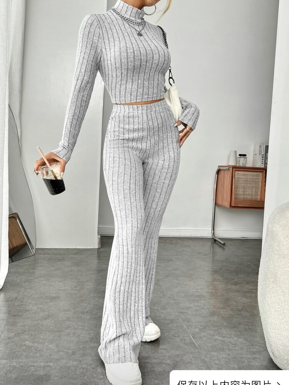 Turtleneck Wide Leg High Waist Trousers Suit. Product information: Pattern: solid color Fabric name: Cotton Color: Bean green, light gray, dark red, sapphire blue, navy blue, orange red, black Sleeve type: regular sleeve Pants length: trousers Main fabric