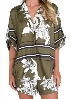 Printed Cardigan Shirt Shorts Suit - Olive - View 1