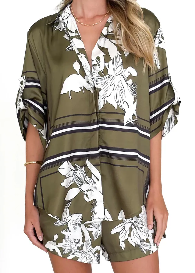 Printed Cardigan Shirt Shorts Suit Olive - Shop at LoveMi