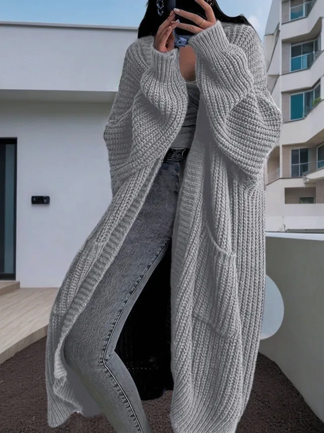 Overknee Sweater Coat Women's Loose Long sleeved Knitted Cardigan Light Gray - Shop at LoveMi