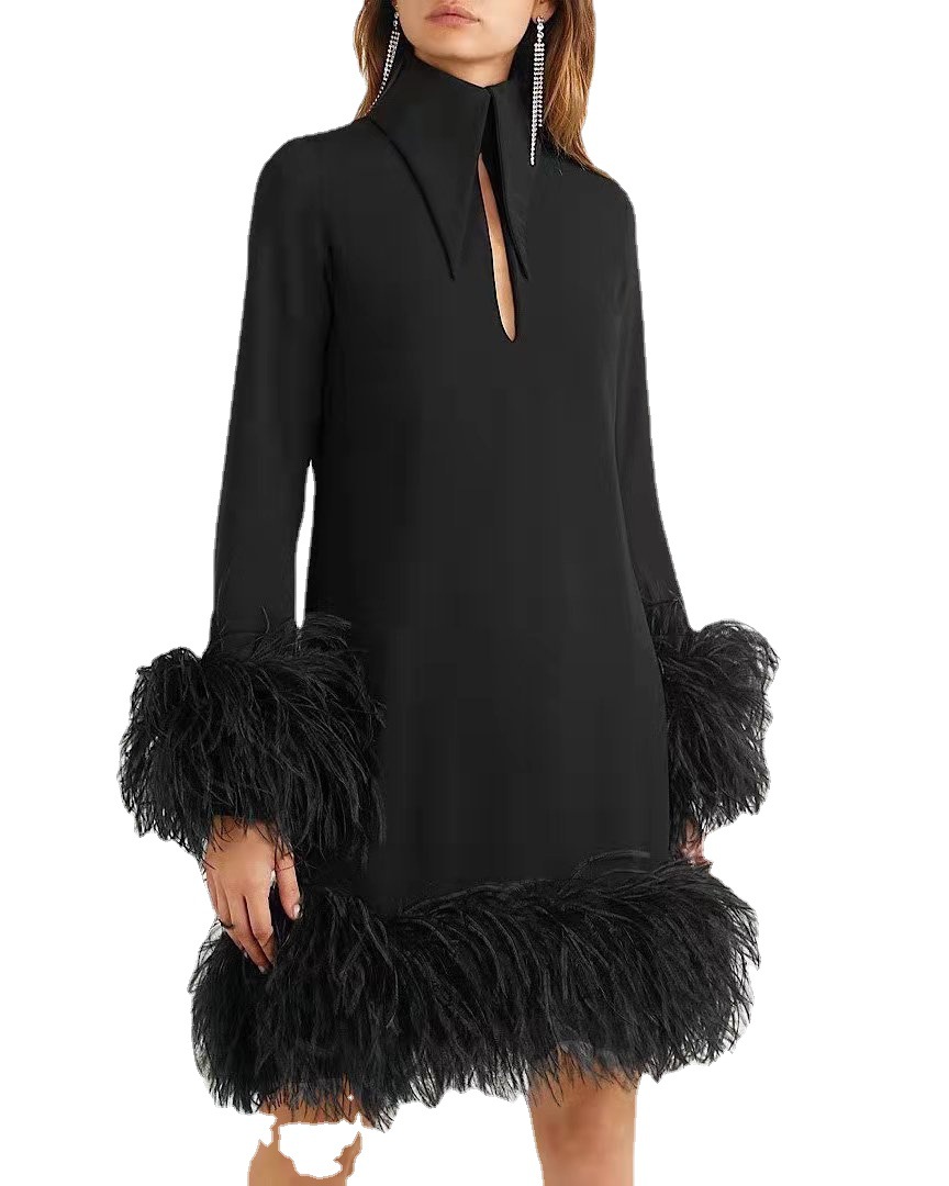 European And American Style Stitching Plush Long-sleeved Dress - 5