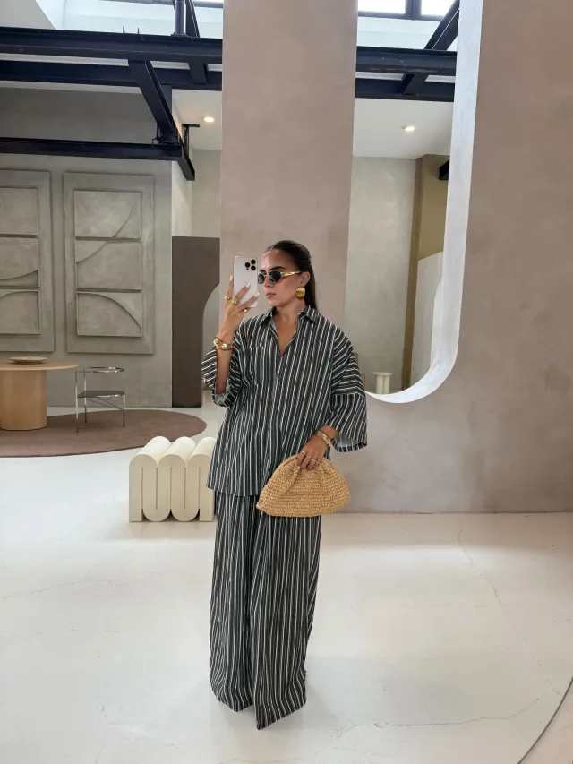 Casual Striped Shirt Wide Leg Pants Suit Gray - Shop at LoveMi
