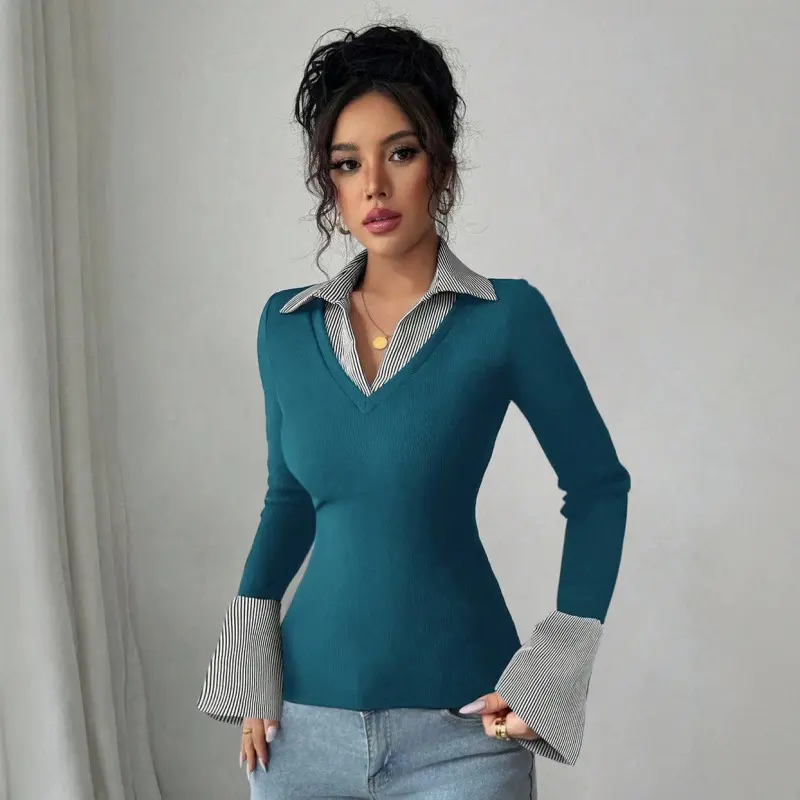 Fashionable Lapel Top Casual And Chic Knitted