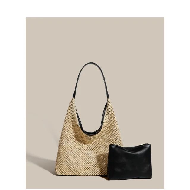 Retro Straw Woven Tote Bag Shoulder Large Capacity Beach Bag Black - Shop at LoveMi