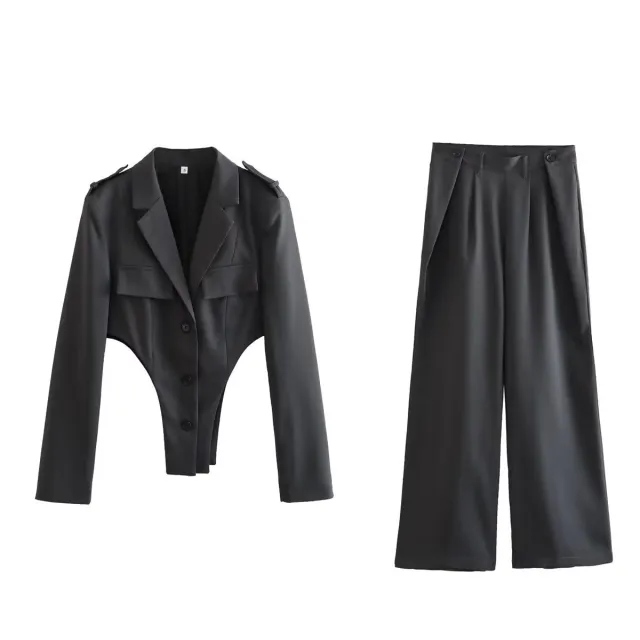 Hollow Coat Set Two piece Pants Suit Dark Gray Sets - Shop at LoveMi