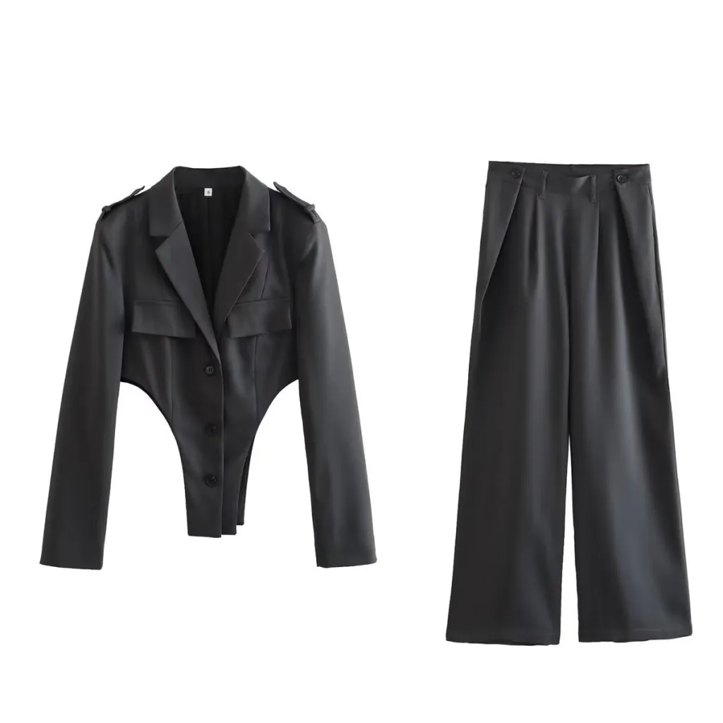 Hollow Coat Set Two-piece Pants Suit - Dark Gray Sets
