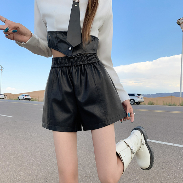 Petite Women's Leather Shorts Stretch High Waist A-line Summer Pants