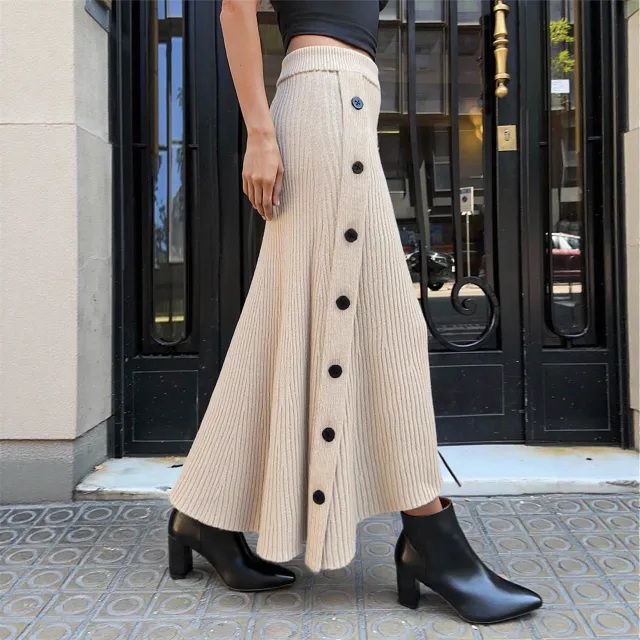High waisted Knit Midi Skirt With Side button Detailing For A Slimming Fit Apricot - Shop at LoveMi