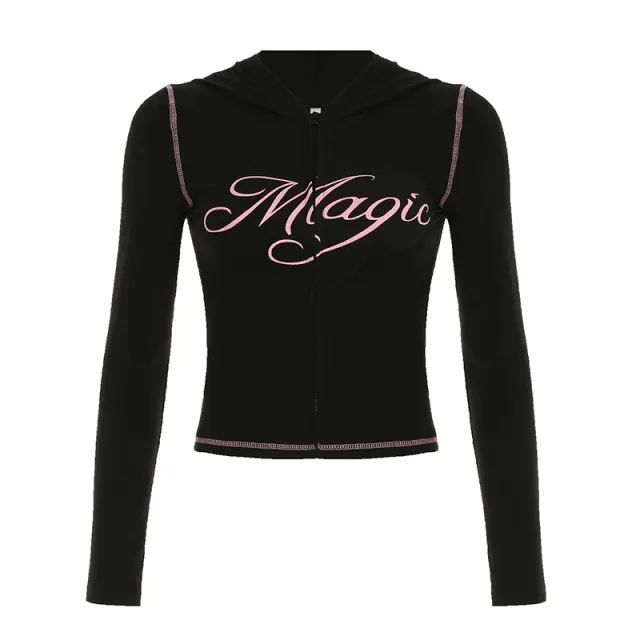 Letter Printed Full zip Cardigan Bootcut Trousers Black - Shop at LoveMi