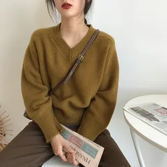 Winter Thermal Bottoming Shirt Solid Colour Soft Glutinous V-neck Sweater For Women - Olive - View 1