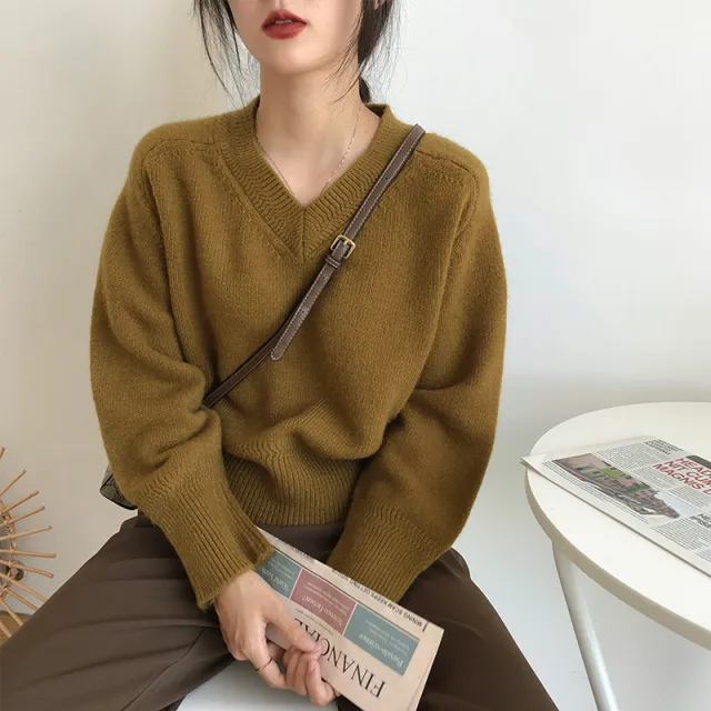 Winter Thermal Bottoming Shirt Solid Color Soft Glutinous V neck Sweater For Women Olive - Shop at LoveMi