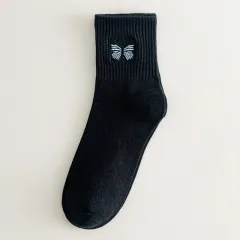 Women's Fashion Solid Color Butterfly Embroidered Mid-calf Socks - Black - View 1