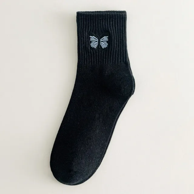 Women's Fashion Solid Color Butterfly Embroidered Mid calf Socks Black - Shop at LoveMi