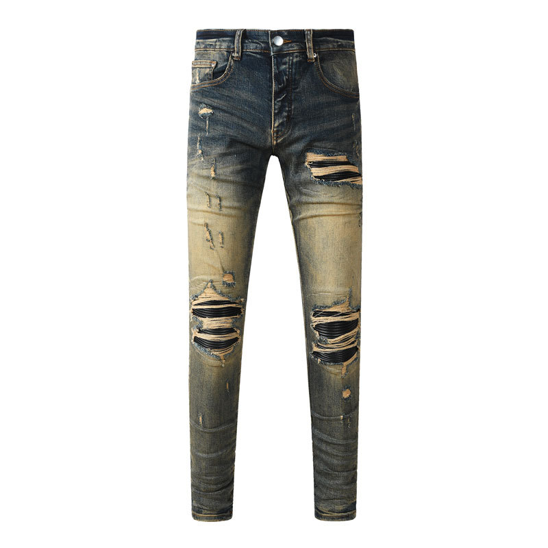 Fashionable Mens Distressed Dark-wash Jeans