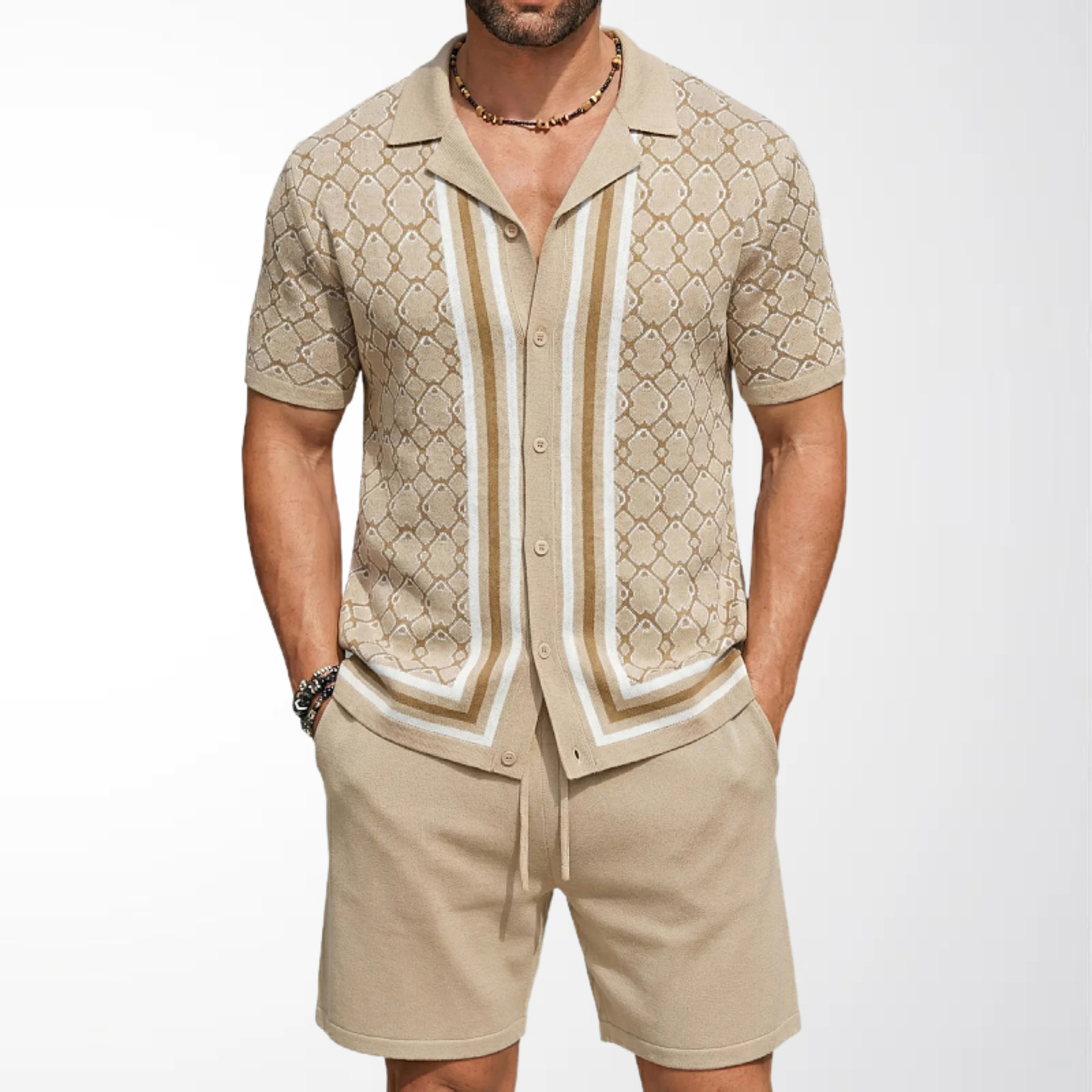 Geometric Jacquard Mens Cuban-Neck Knit Suit 4