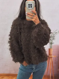 Casual Thickening Knitted Solid Color Round Neck Loose Sweater For Women - Brown - View 1