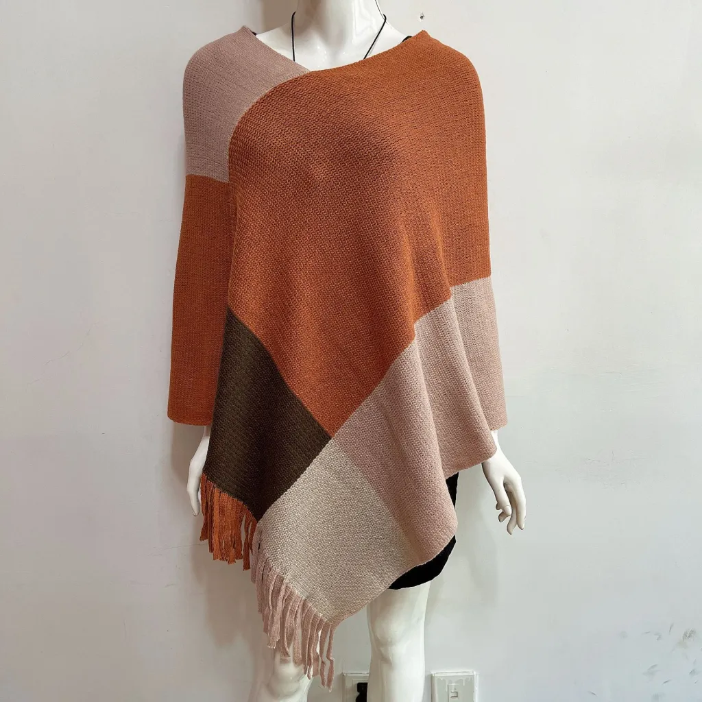 Idle Style V-neck Tassel Rainbow Cape Sweater For Women - Large Plaid Orange Pink