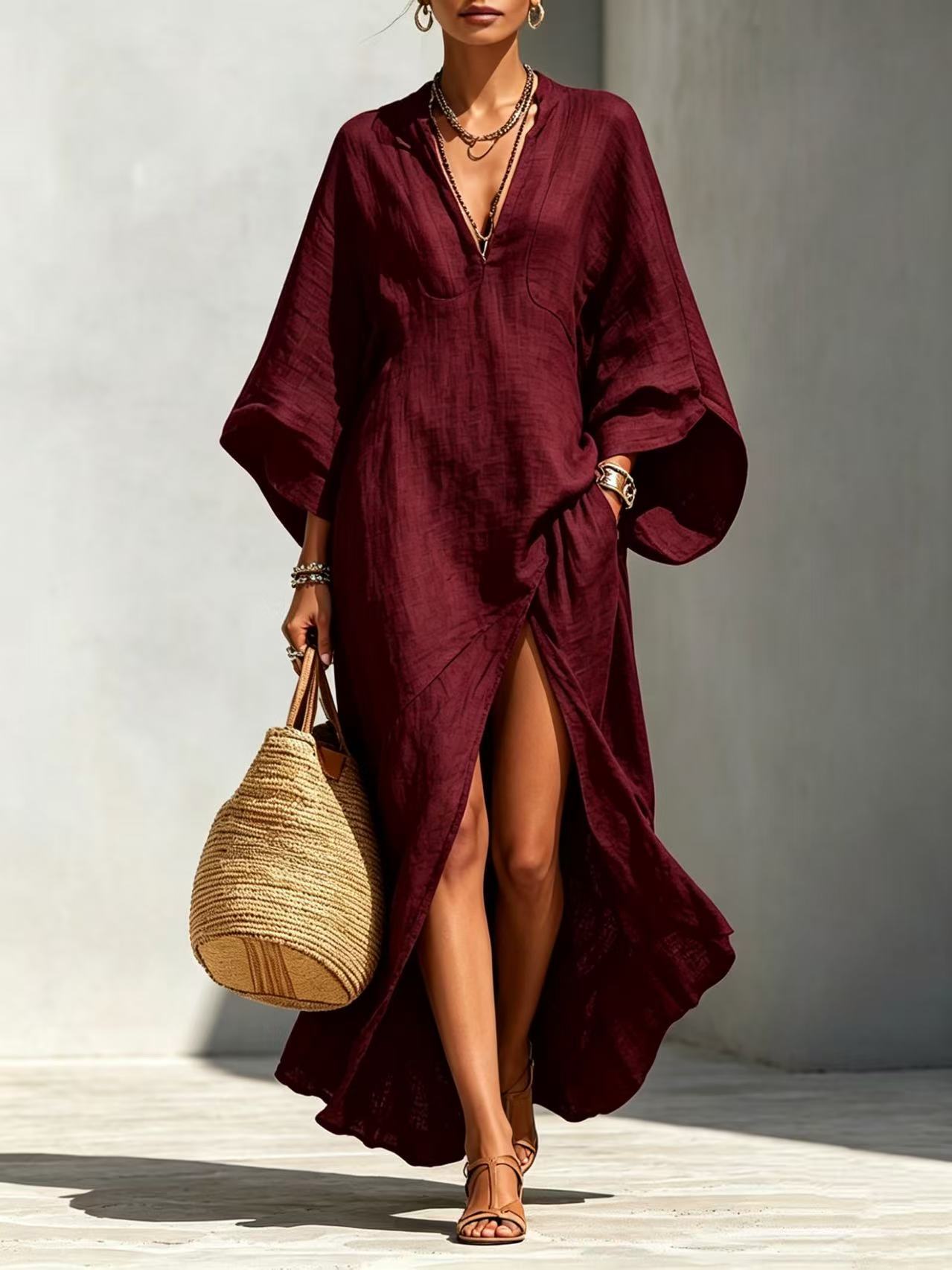 Women's loose maxi resort dress in dark red – front view