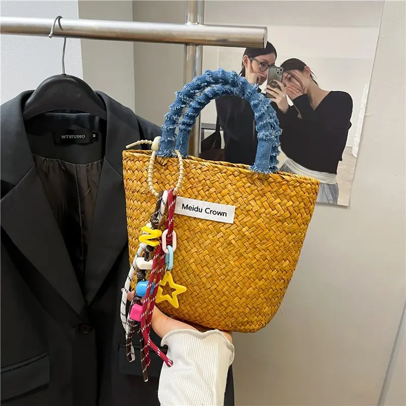 Color-block Minimalist Straw Beach Bag Wicker Basket