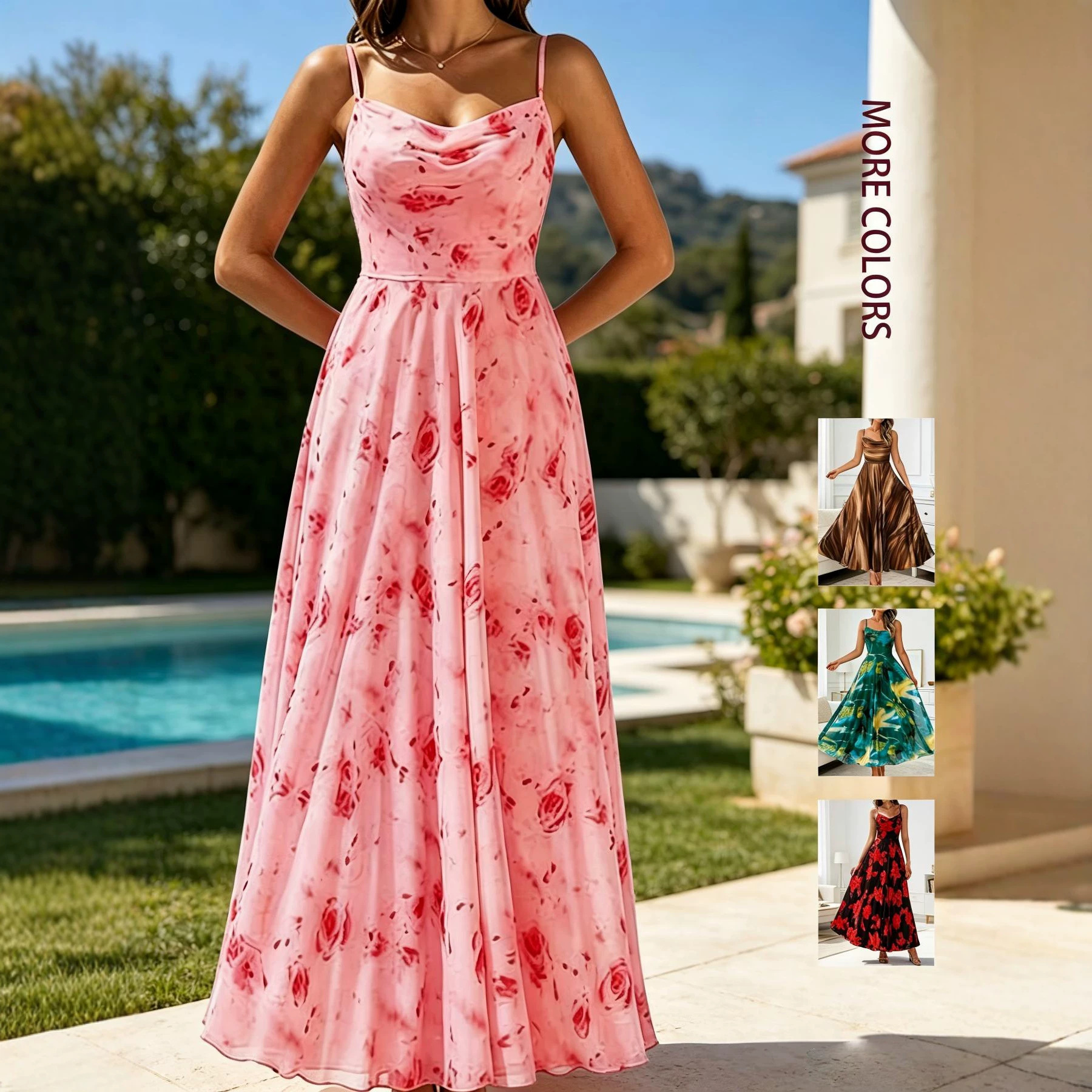 Womens Fashionable Printed Waist-cinching Strap Dress