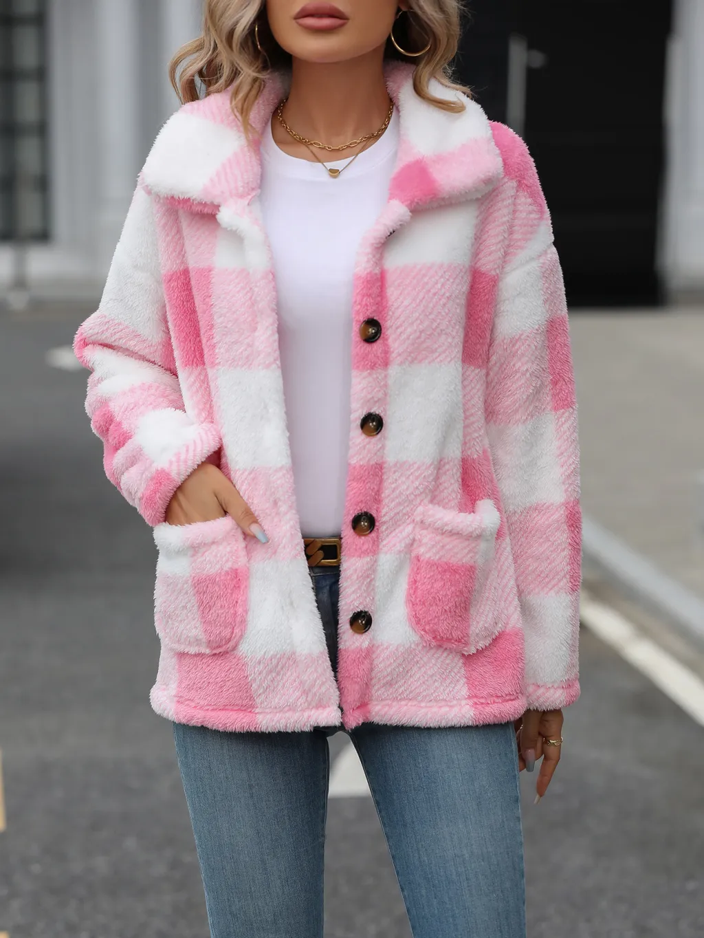 European And American Fashion Autumn And Winter Women's Lapel Long Sleeve Mid-length Plaid - Pink Plaid