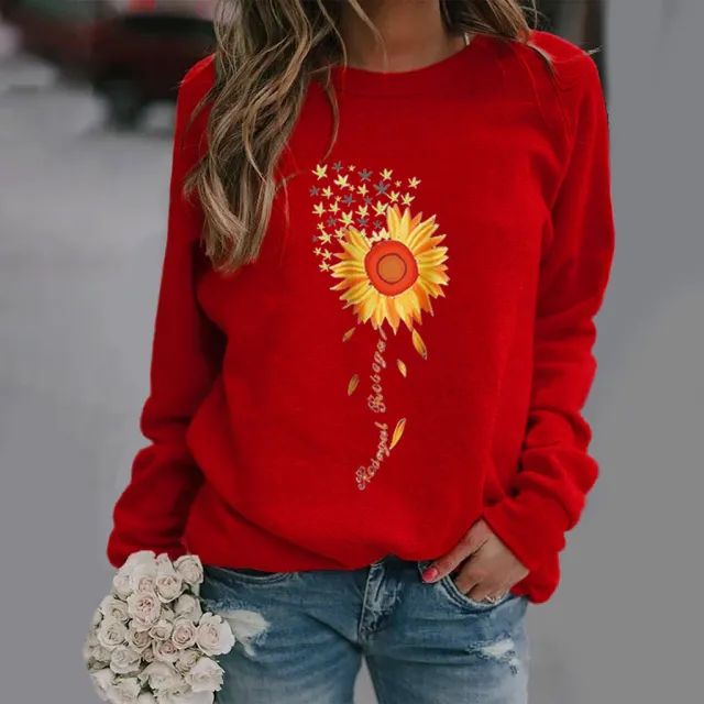 Sunflower Pattern Printing Long Sleeve Crew Neck Sweater Red - Shop at LoveMi
