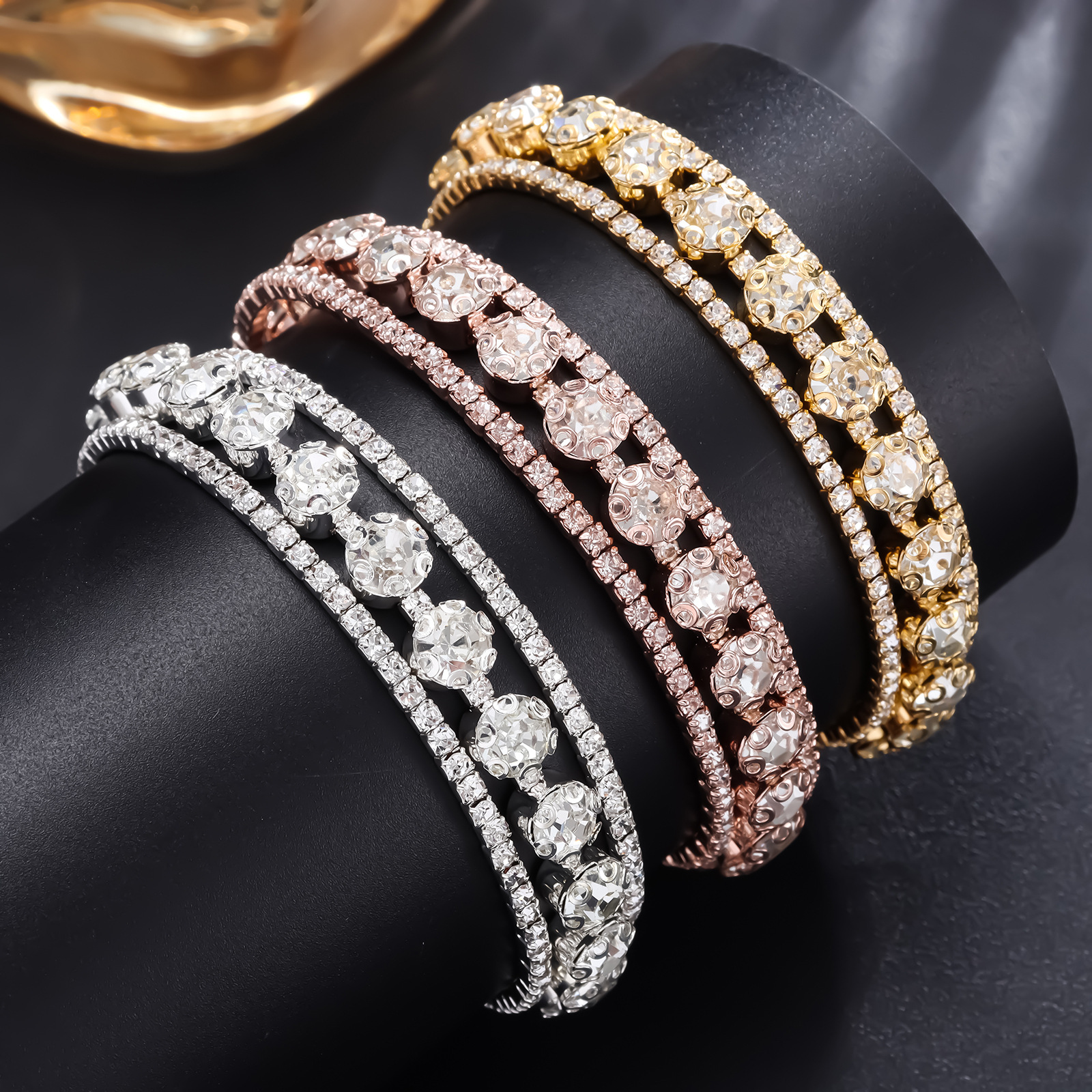 Rhinestone Full Diamond Winding Open Three-ring Bracelet For Women