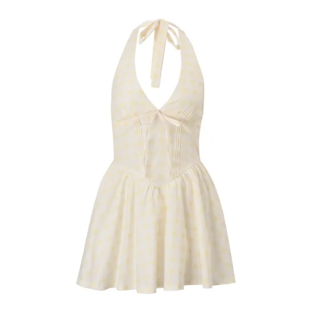French Style V neck Fashion Plaid Waist tight Dress Yellow European Code - Shop at LoveMi