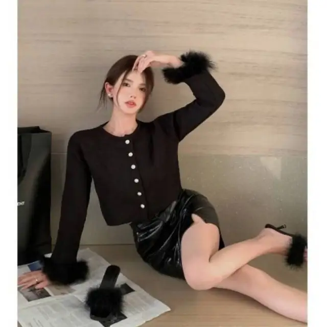 Spring Niche Design Long Sleeve Fuzzy Top Black - Shop at LoveMi