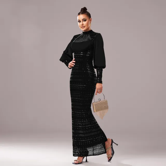 Long Sleeve Round Neck Sequins Slit Evening Dress Pure Black - Shop at LoveMi