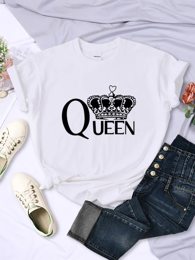 Queen'S Big Crown Printed Women T Shirts Breathable Summer White - Shop at LoveMi
