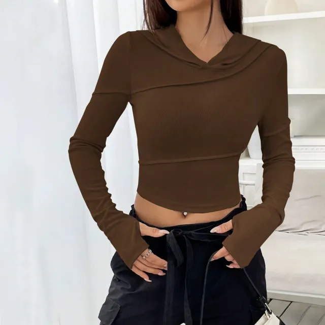 Street Trend V neck Hoodie Women's Slim fit Autumn Winter Base Layer Top Brown - Shop at LoveMi
