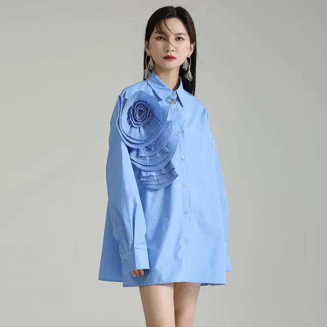 Design Sense Niche Pleated Three dimensional Flower Long Sleeve Shirt Skirt Blue - Shop at LoveMi