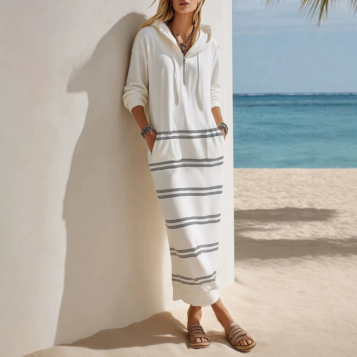 Laid-back Relaxed-fit Figure-flattering Striped Hoodie Dress product image