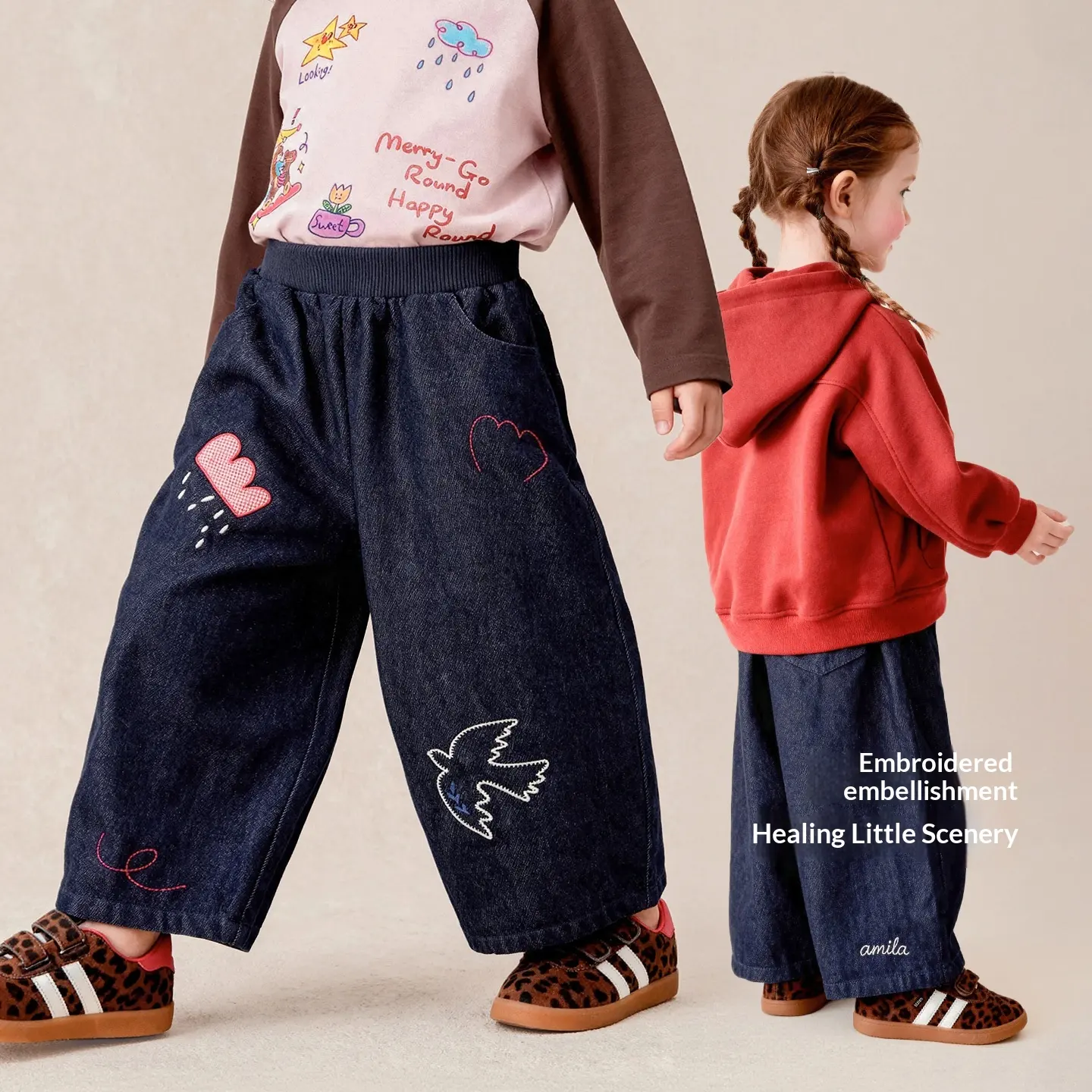 Letter Embroidery Wide Leg Straight Pants Cotton