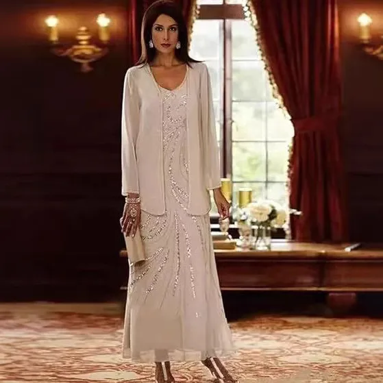 V neck Dress Sequined Jacket Long sleeved Chiffon Bride Mom Dress - Shop at LoveMi