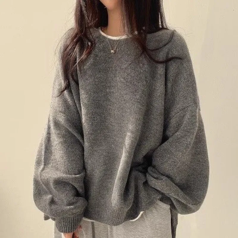 Temperament Crew Neck Pullover Lantern Sleeve Loose Sweater For Women - Gray