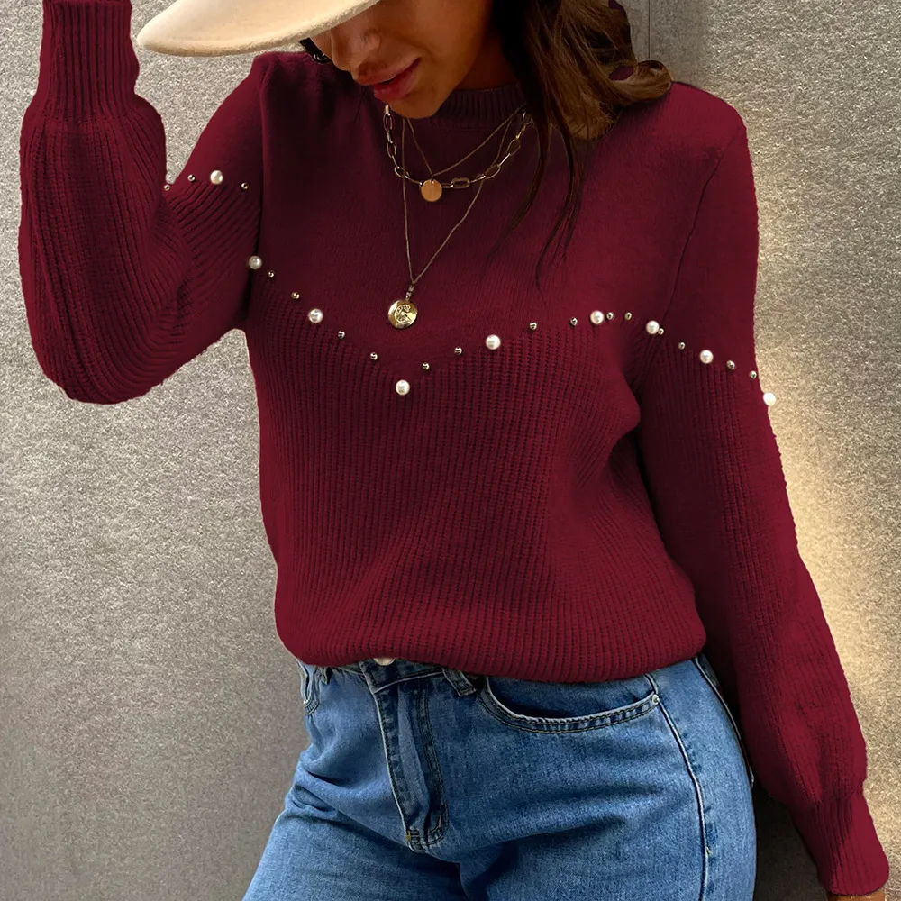 Women's Round Neck Pullover Solid Color Beading Slim Knit Sweater - Wine Red