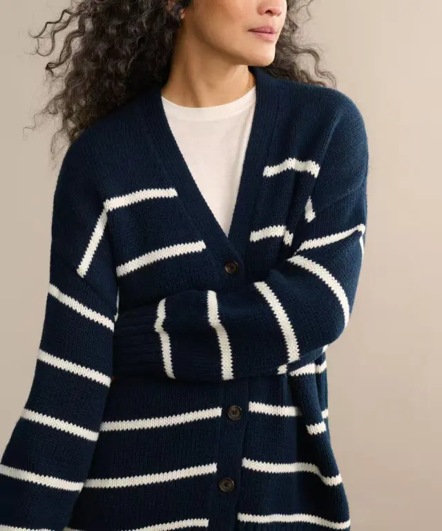 Women's Striped Knitted V neck Cotton Striped Sweater Navy - Shop at LoveMi