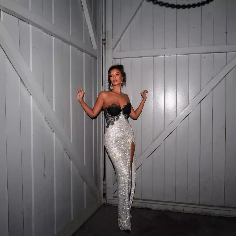 Sequin Party Strapless Slit Womens Evening Gown Maxi Dress