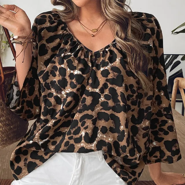 Leopard Print Half Sleeve V neck Pullover Top Multicolor - Shop at LoveMi