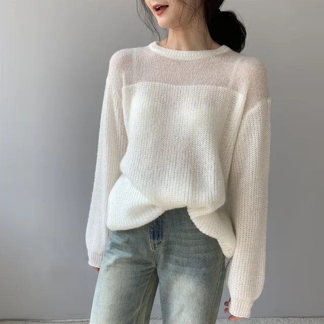 Women's Round Neck Loose Long Sleeve Sweater White - Shop at LoveMi