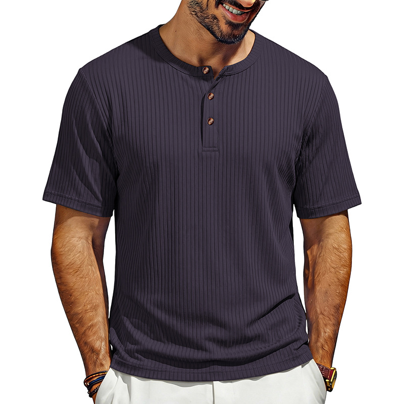 Summer New Men's Henley-Neck Ribbed T-Shirt