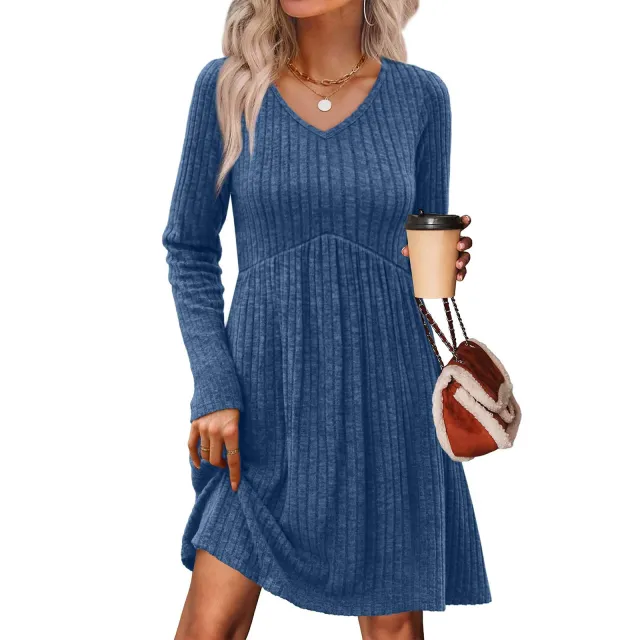 Ribbed, Brushed Back Long Sleeve Casual Pleated Pocket Dress Blue - Shop at LoveMi