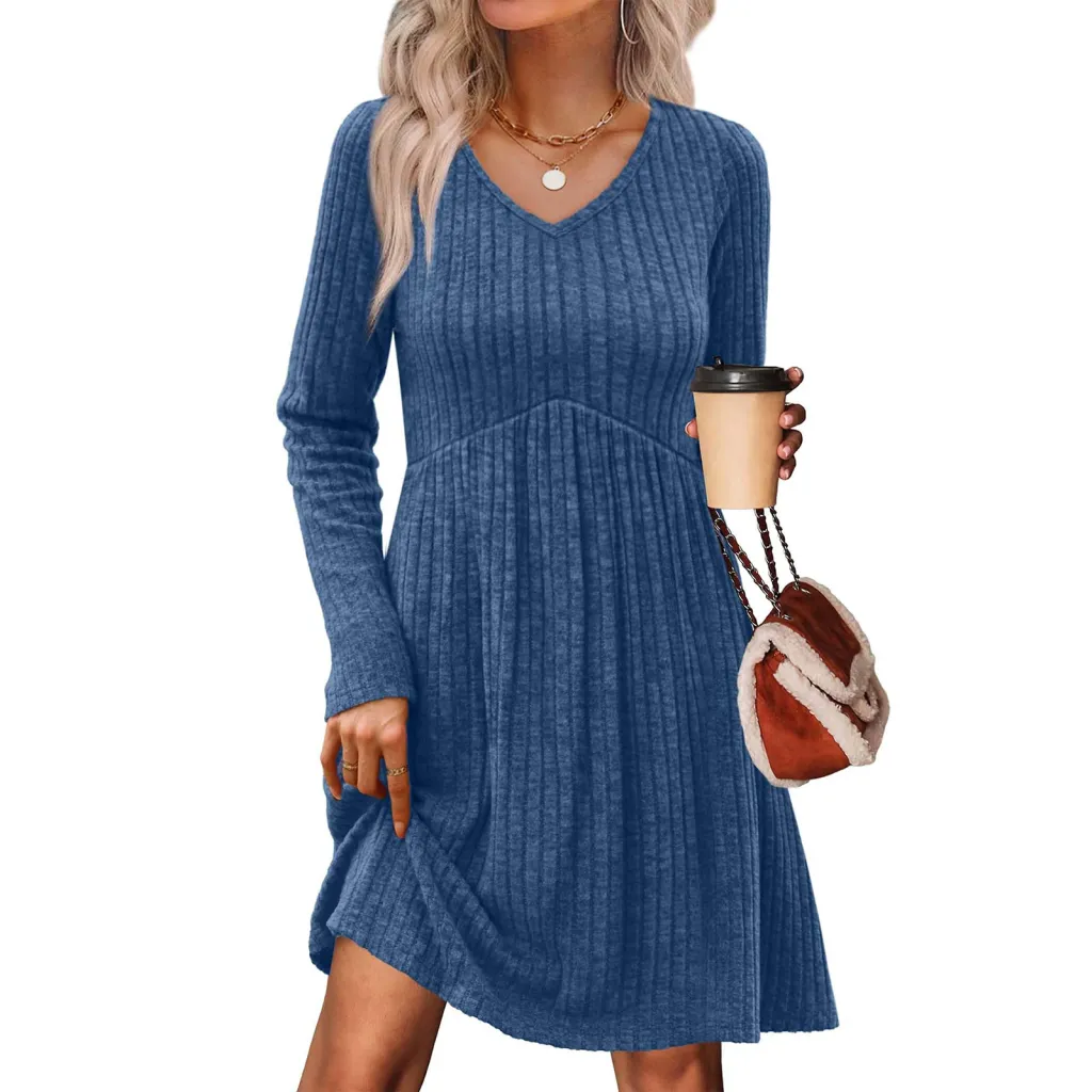 Ribbed, Brushed-Back Long-Sleeve Casual Pleated Pocket Dress - Blue
