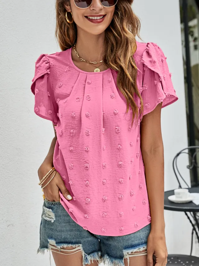 Crew Neck Casual Tulip Sleeve T shirt Jacquard Top For Women Rose - Shop at LoveMi