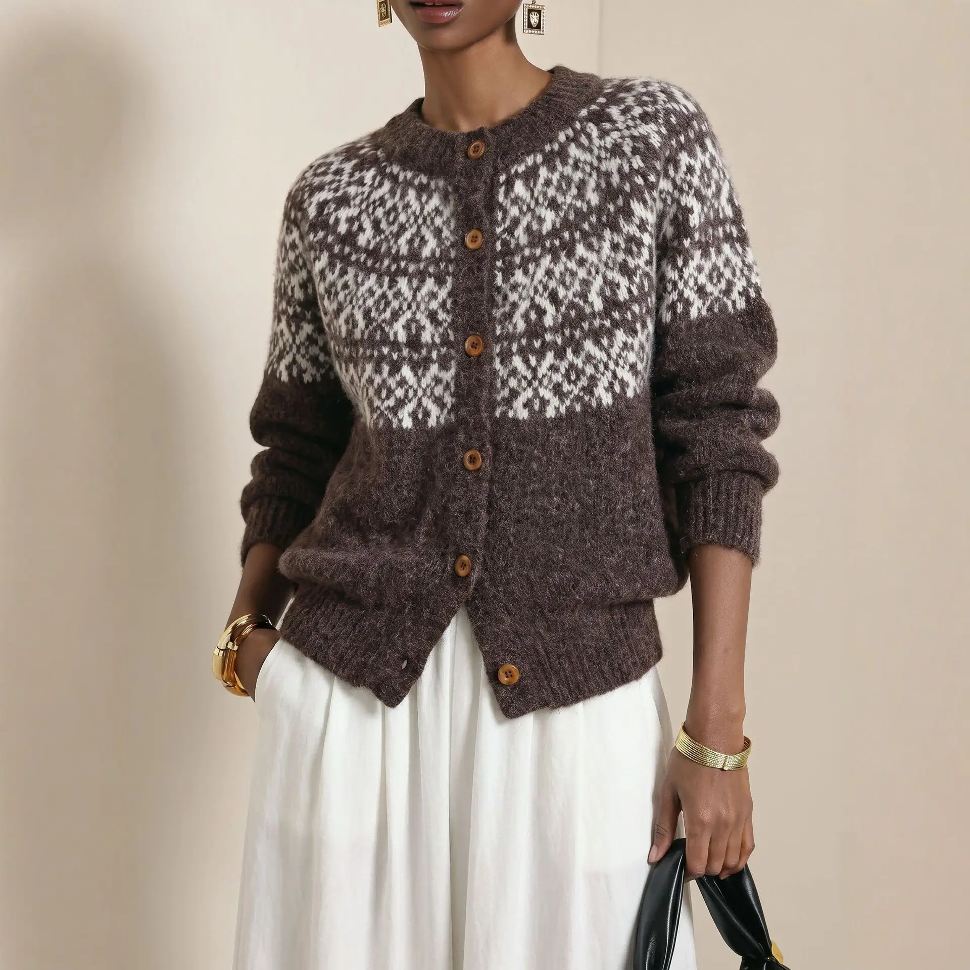 New Vintage-style Crew-neck Oversized Sweater Jacket